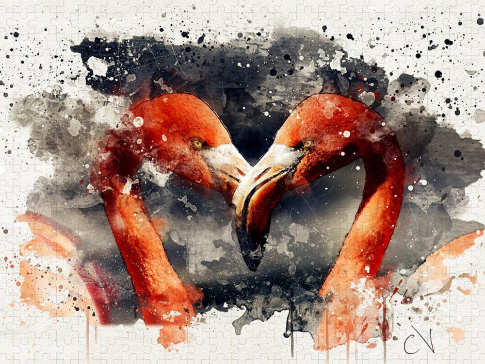 Lovely Flamingos Watercolor Jigsaw Puzzle by Carlos V