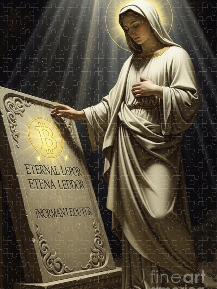 Madonna with Bitcoin Tablet Jigsaw Puzzle: A Mystical Cryptic Art