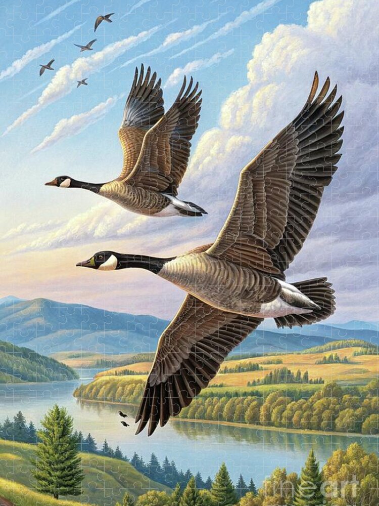 Majestic Geese in Flight Over Valley Jigsaw Puzzle