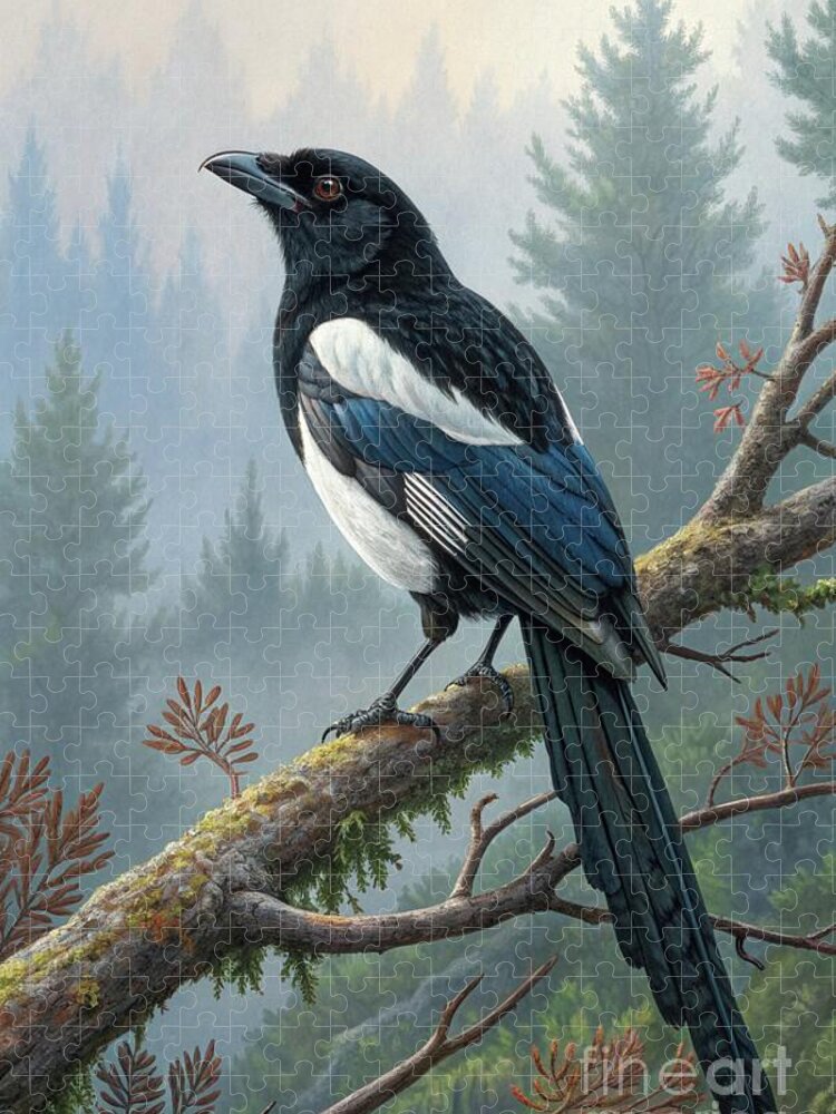 Misty Forest Magpie Bird Jigsaw Puzzle