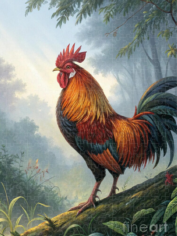 Serene Jigsaw Puzzle: Majestic Rooster in a Misty Forest