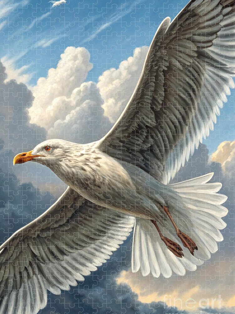 Majestic Seagull Jigsaw Puzzle: Soaring Through Soft Clouds
