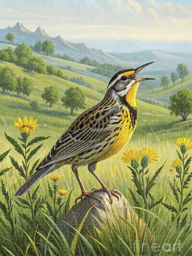 Meadowlark Jigsaw Puzzle in Blooming Field - Vintage Bird Art
