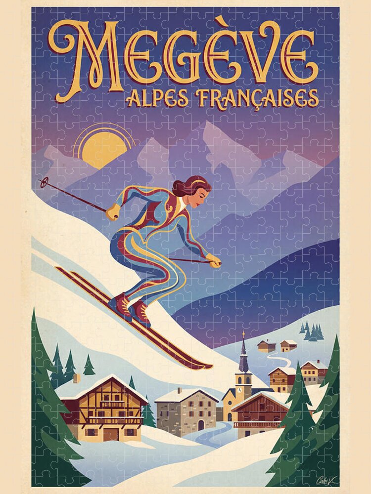 Megeve Vintage Ski Poster Jigsaw Puzzle: 1950s French Alps Adventure