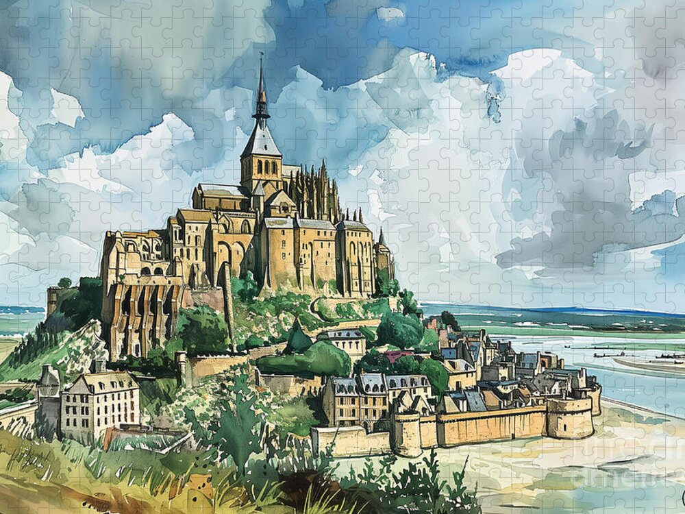 Mont Saint-Michel Vintage Illustration Jigsaw Puzzle by Carlos V