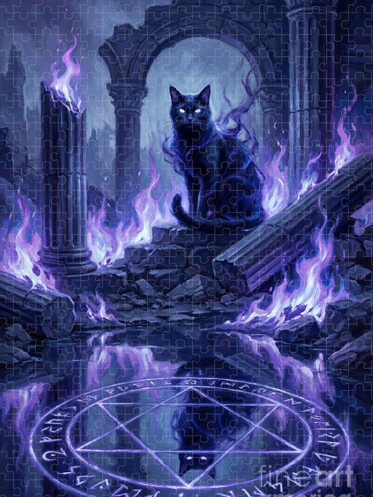 Mystical Black Cat Among Ruins Jigsaw Puzzle: A Moonlit Fantasy