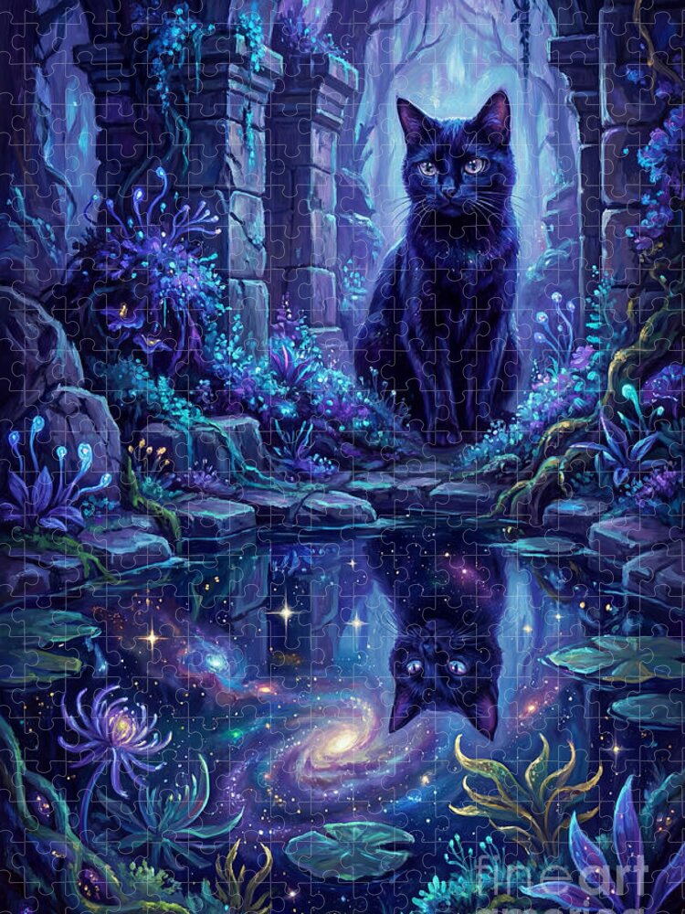Mystical Black Cat Galaxy Reflection Jigsaw Puzzle by Carlos V