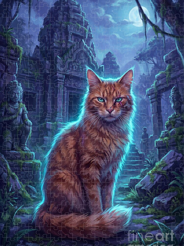 Mystical Orange Tabby Cat Jigsaw Puzzle: Enchanted Forest Ruins