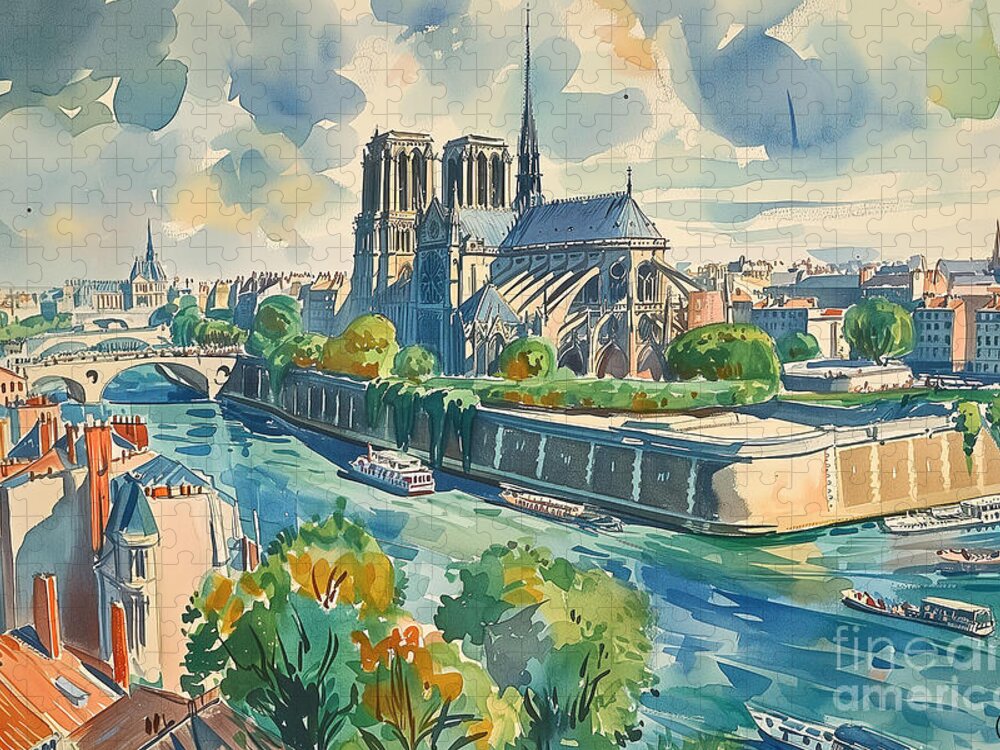 Notre Dame de Paris Vintage Jigsaw Puzzle: Illustrated Travel Art