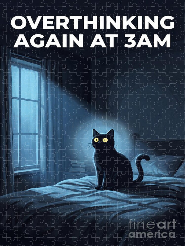 Overthinking Cat at 3AM Jigsaw Puzzle: Whimsical Bedroom Scene