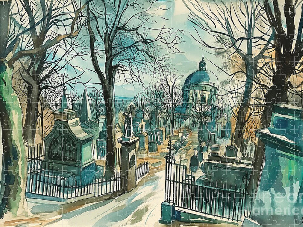 Pere Lachaise Parisian Graveside Jigsaw Puzzle: A Serene Cemetery Scene
