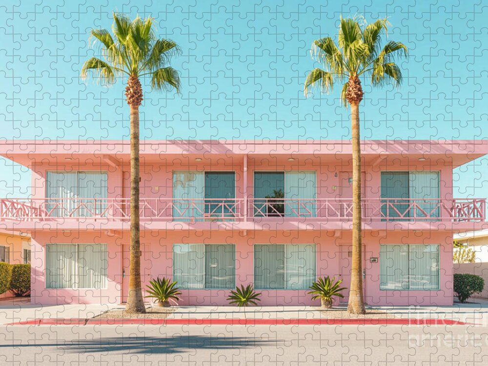 Pink Mid-Century Modern House Jigsaw Puzzle with Palm Trees