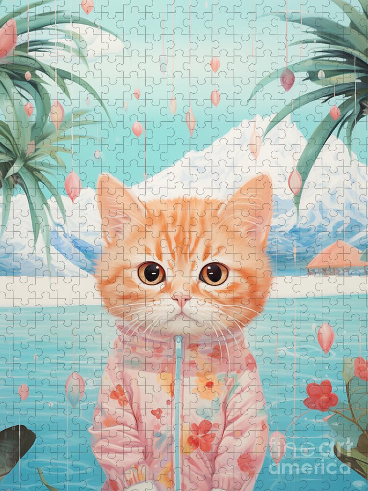 Pink Outfit Cat Jigsaw Puzzle: A Tropical Whisker Wonderland