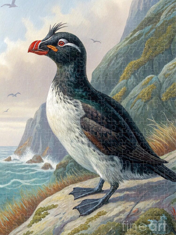 Puffin Perched Auklet Vintage Bird Jigsaw Puzzle Illustration