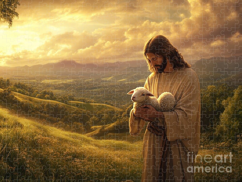 Serene Jesus Shepherd in Golden Light Jigsaw Puzzle
