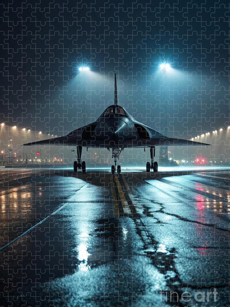 Mysterious Jet Jigsaw Puzzle on a Dark Runway at Night