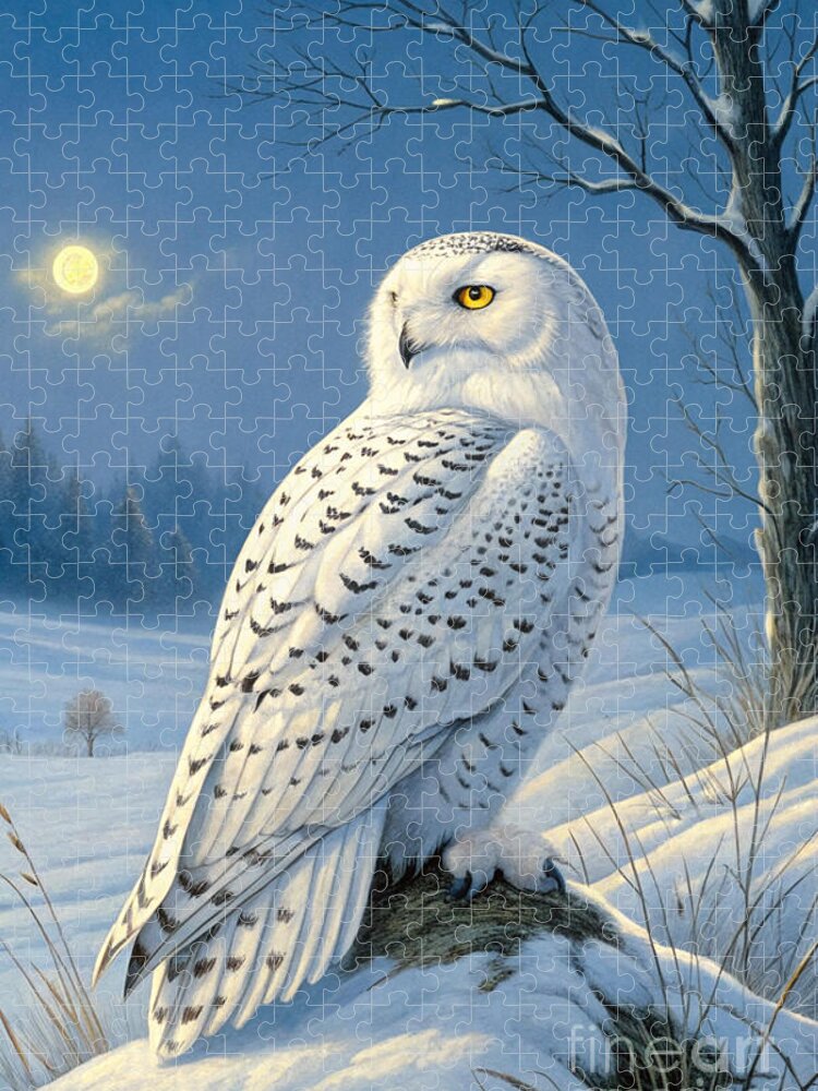 Snowy Owl Under the Moonlight Jigsaw Puzzle by Carlos V