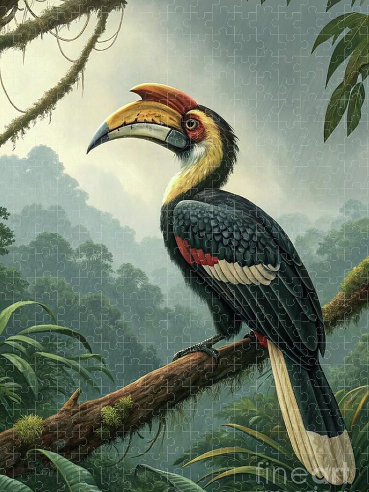 Mysterious Hornbill Jigsaw Puzzle in Lush Tropical Rainforest