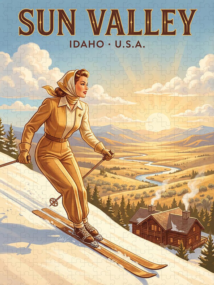 Sun Valley Idaho Vintage Ski Jigsaw Puzzle: 1940s Bald Mountain Lodge