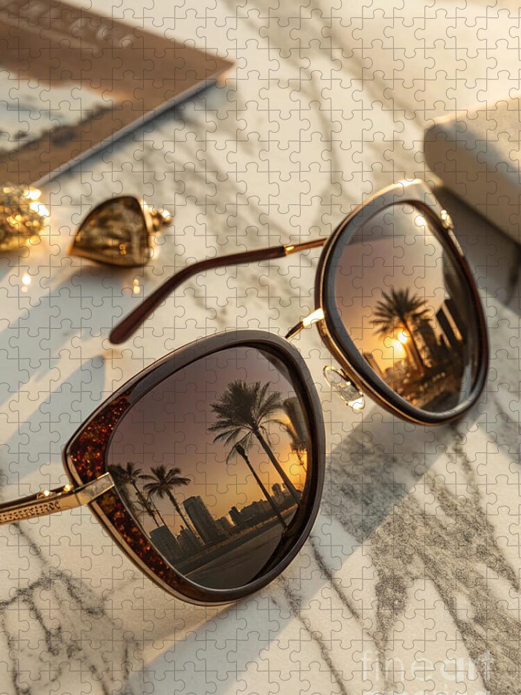 Sunglasses and Palms Jigsaw Puzzle: Reflections of Golden Luxury