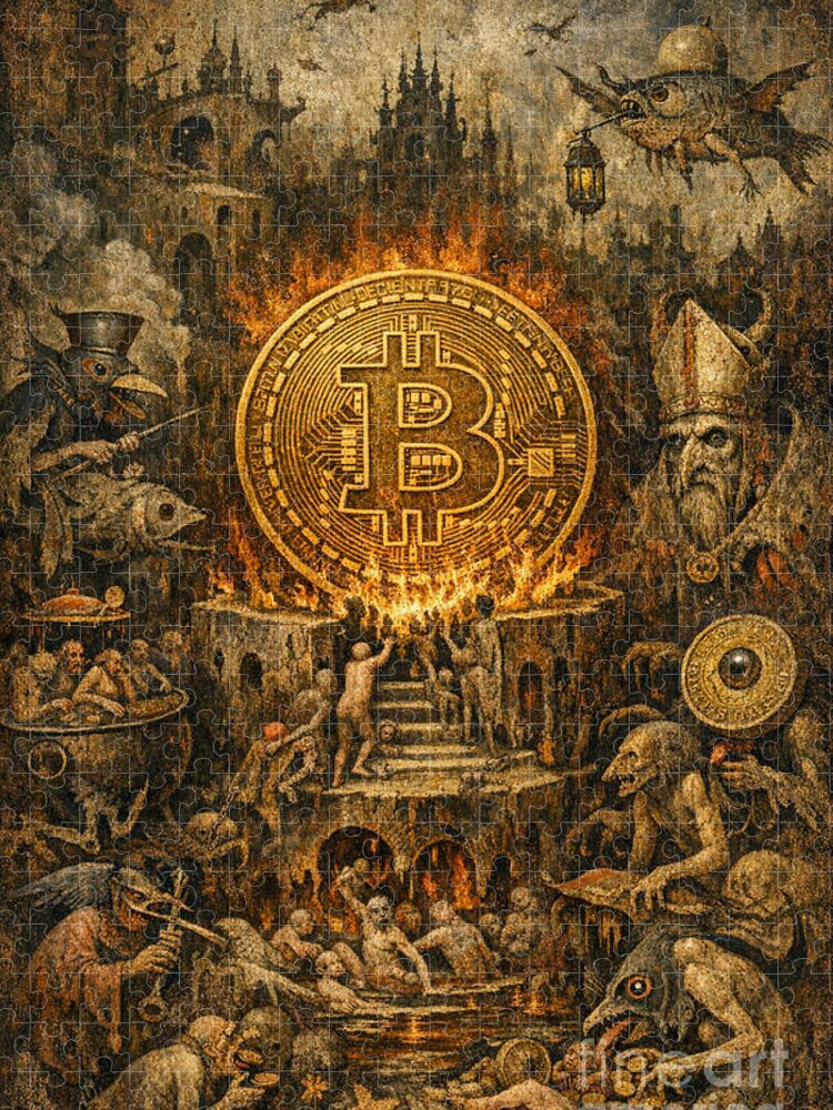Surreal Bitcoin Inferno Jigsaw Puzzle: A Cryptic Masterpiece
