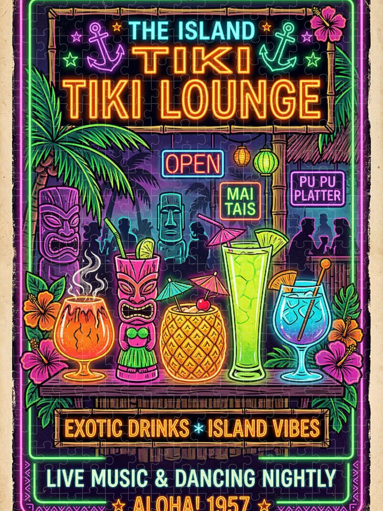 The Island Tiki Lounge Sign Jigsaw Puzzle: Retro Vibes & Exotic Drinks