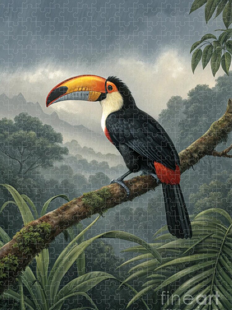 Toco Toucan Jigsaw Puzzle in Misty Rainforest Scene