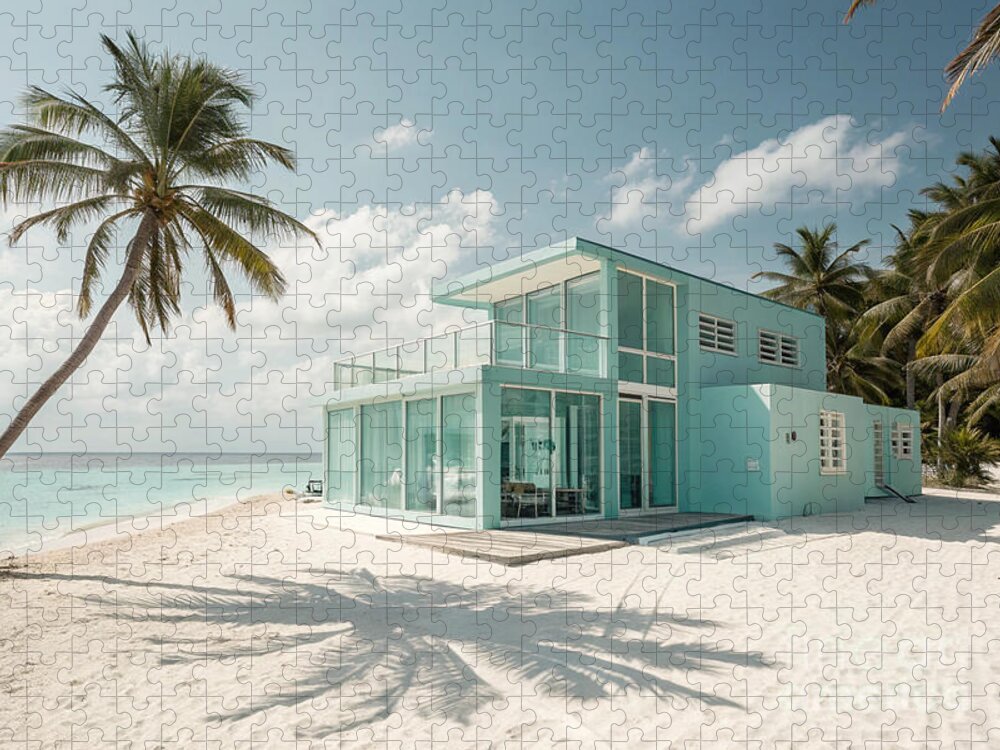 Turquoise Beach House Jigsaw Puzzle: Palm Trees & White Sand