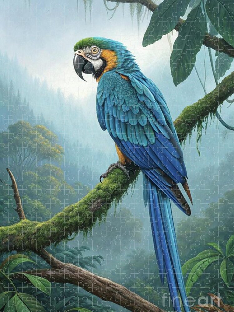 Macaw Parrot Jungle Jigsaw Puzzle: Misty Rainforest Scene
