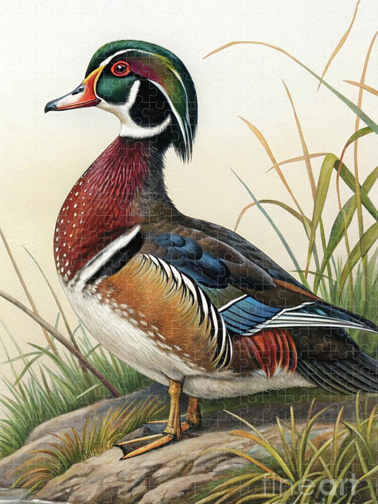 Vibrant Wood Duck Jigsaw Puzzle by the Water's Edge