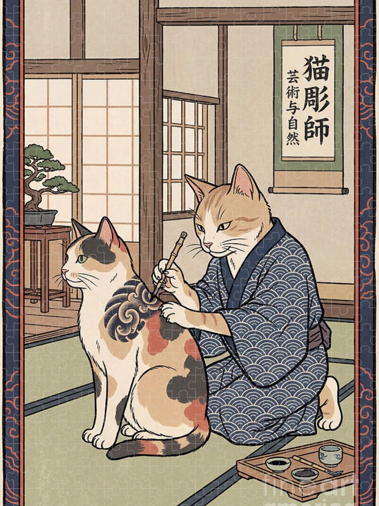 Whimsical Japanese Cat Jigsaw Puzzle for Cat Enthusiasts