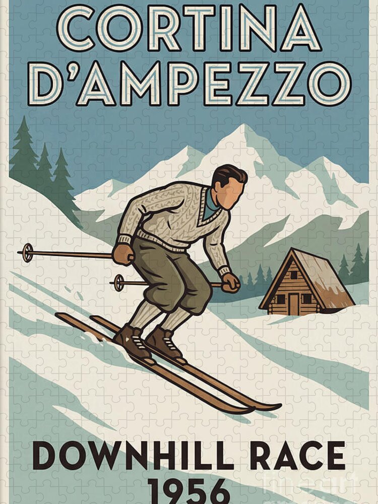 Vintage Ski Poster Cortina d Ampezzo Jigsaw Puzzle 1950s Retro Art