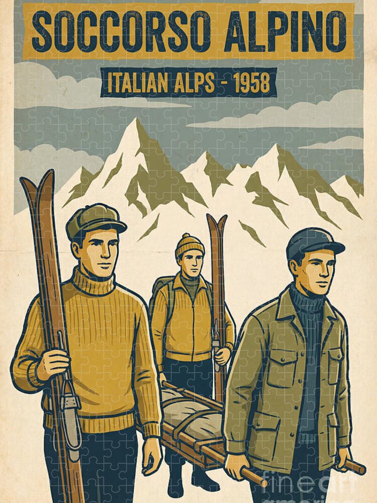 Vintage Italian Alps Ski Rescue Team 1950s Jigsaw Puzzle