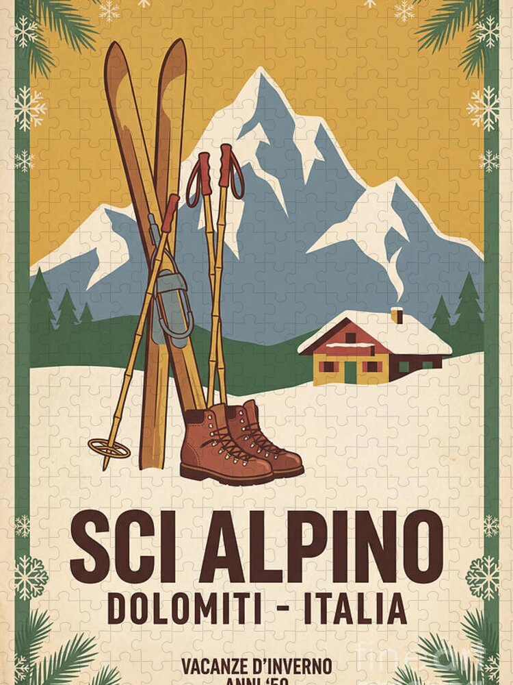 Retro Italian Alps Ski Jigsaw Puzzle: Vintage 1950s Lodge Art