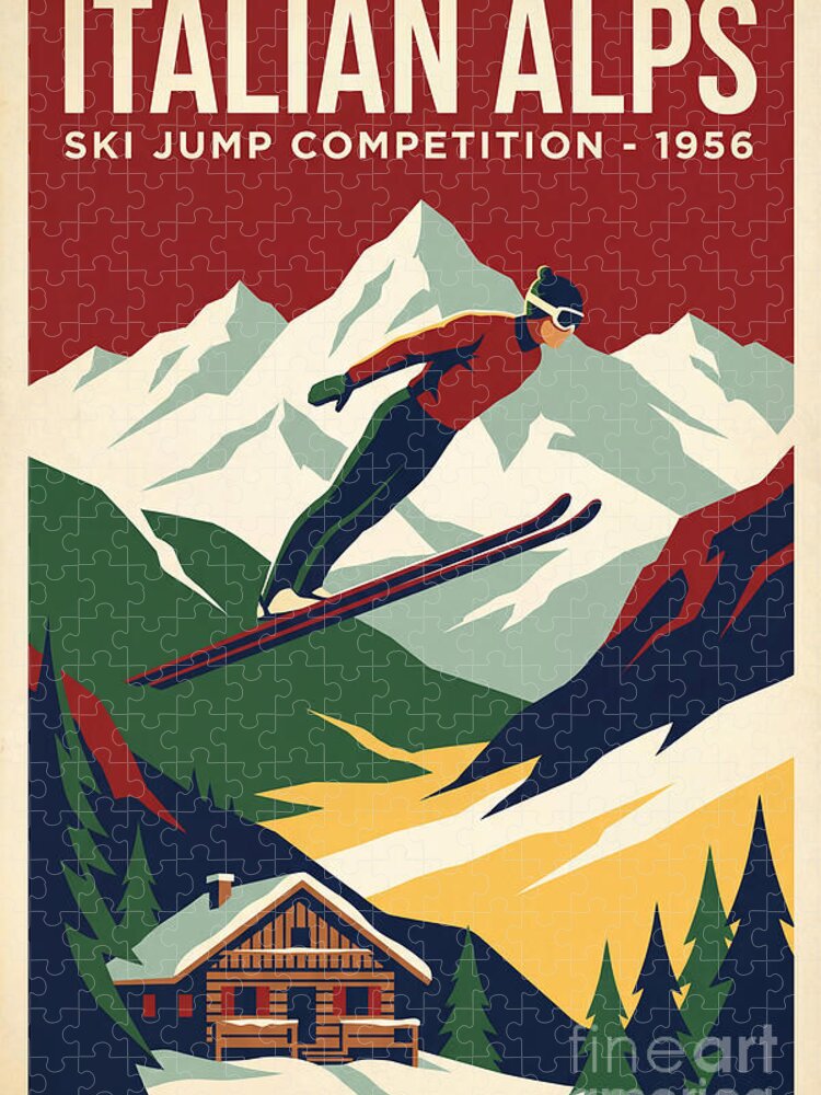 Vintage Italian Alps Ski Jump Jigsaw Puzzle: 1950s Winter Lodge