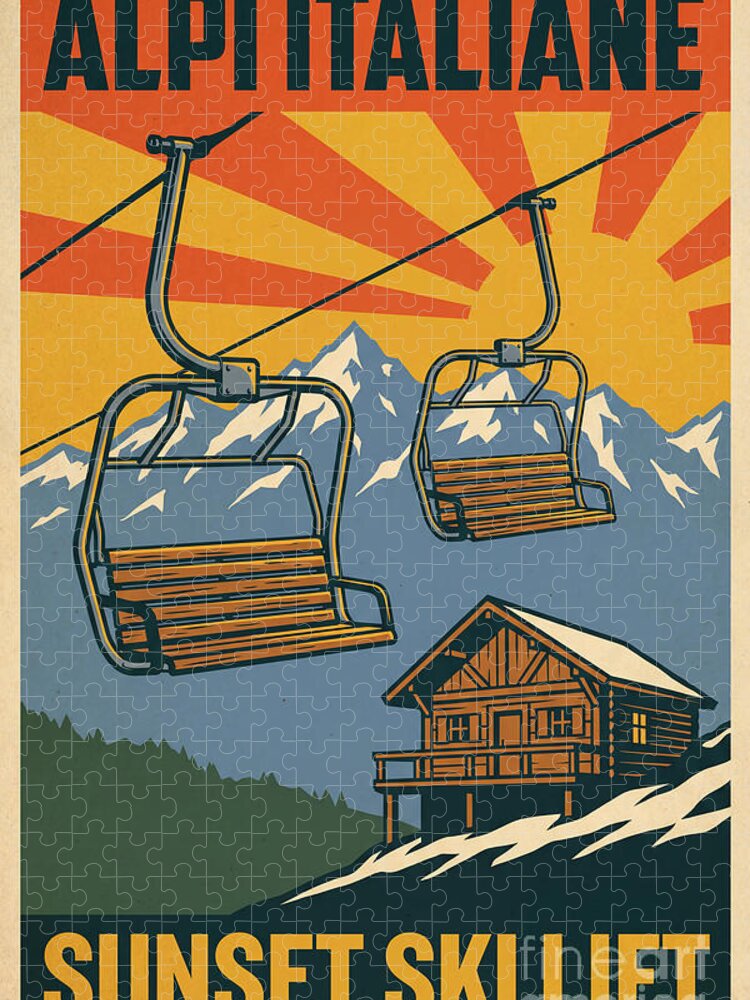 Italian Alps Sunset Ski Lift Vintage Poster Jigsaw Puzzle
