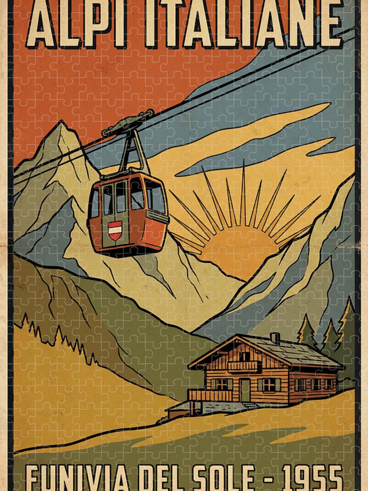 Vintage Ski Lift Jigsaw Puzzle: Italian Alps Sunset Lodge Art