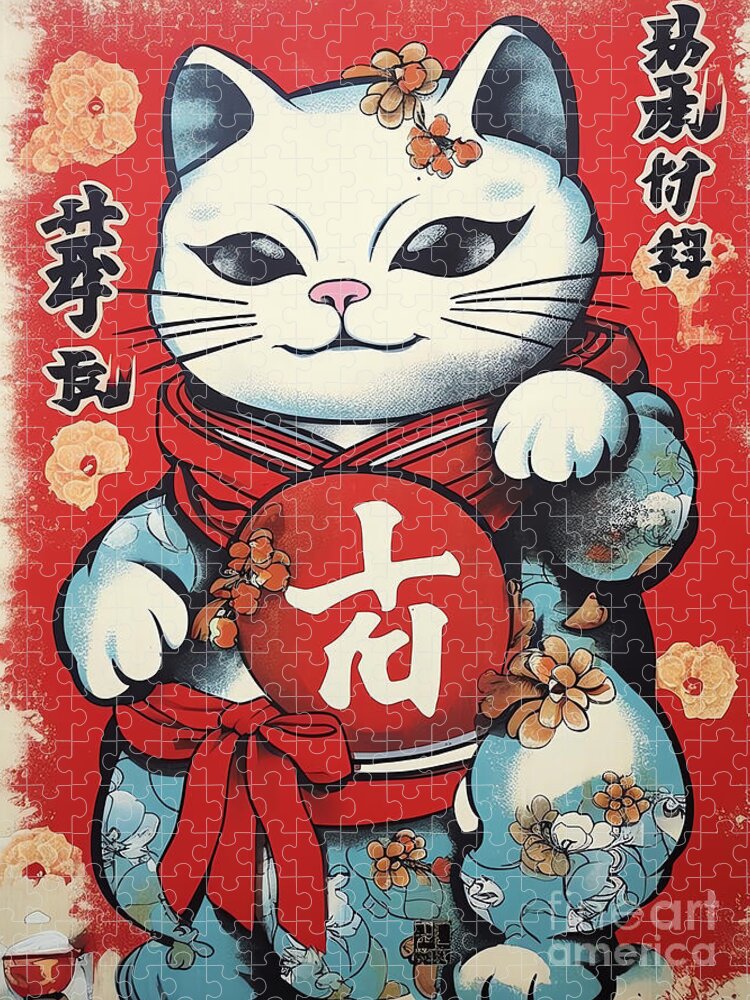 White Cat with Red Bag Jigsaw Puzzle: Whimsical Artwork