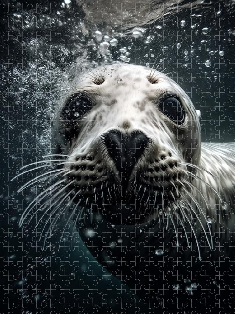White Seal Underwater Jigsaw Puzzle: A Bubbly Encounter
