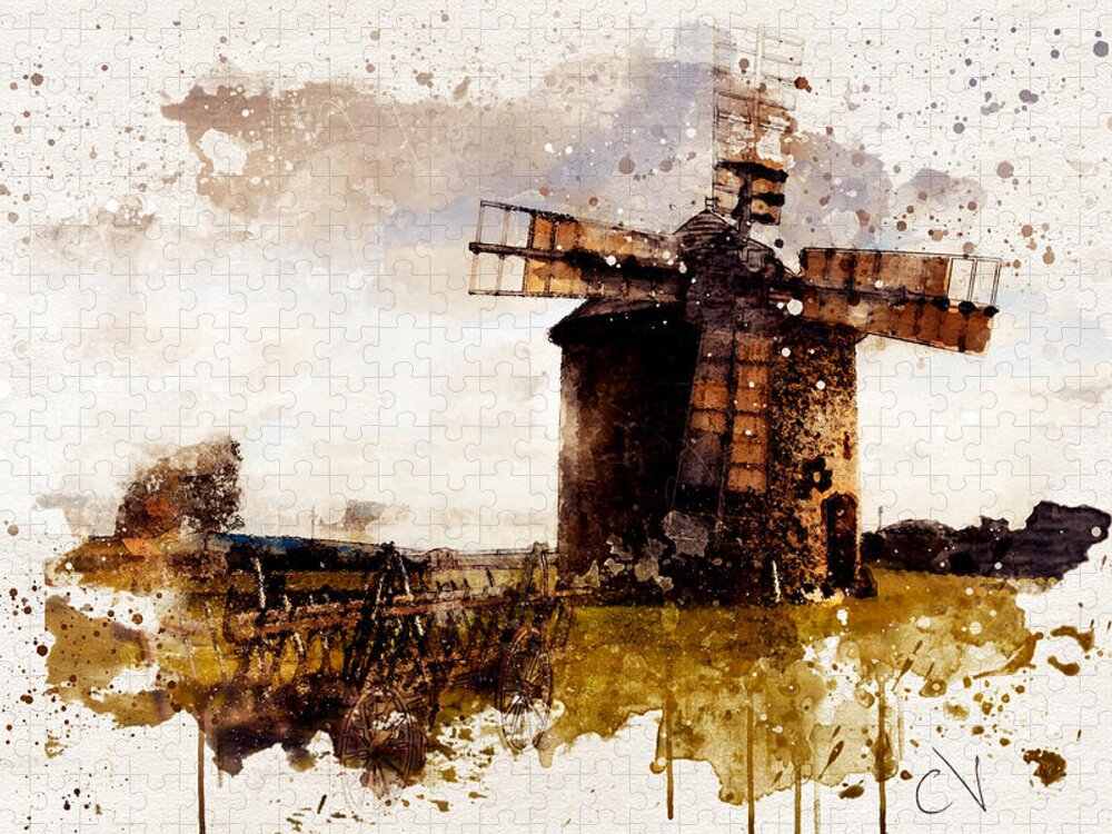 Windmill Moulin Barn Watercolor Jigsaw Puzzle by Carlos V