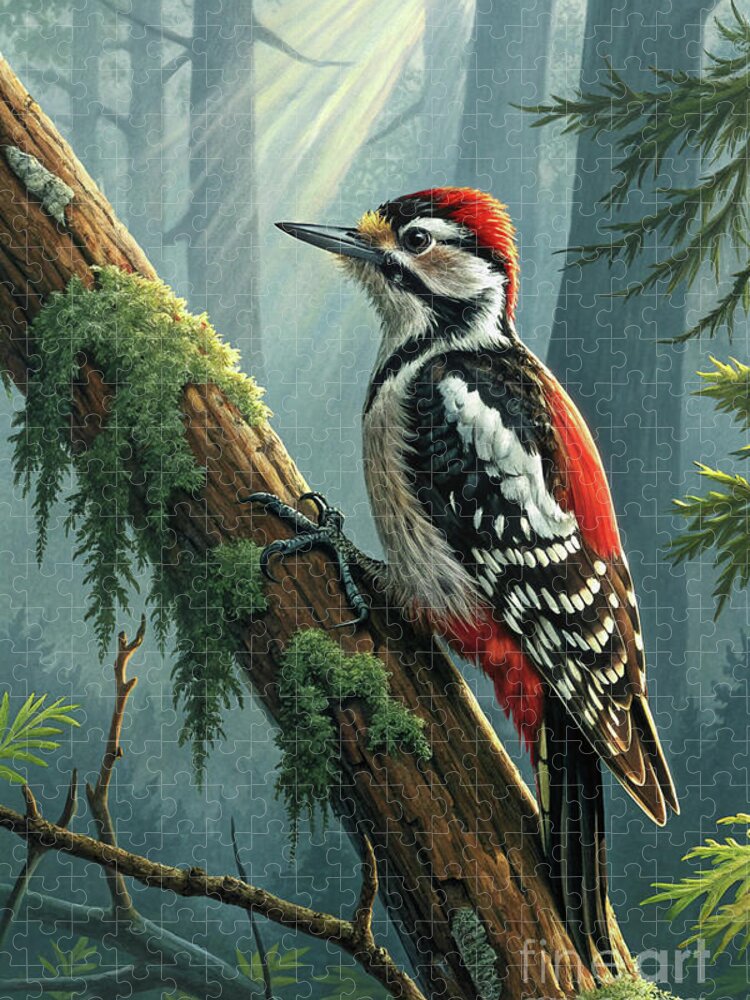 Woodpecker in Sunlit Forest Jigsaw Puzzle: A Tranquil Nature Scene