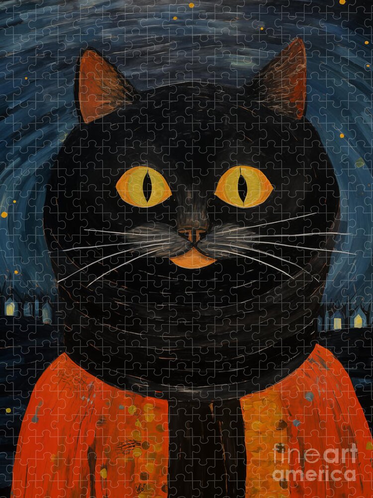 Yellow-Eyed Black Cat Jigsaw Puzzle: A Mystical Nighttime Scene